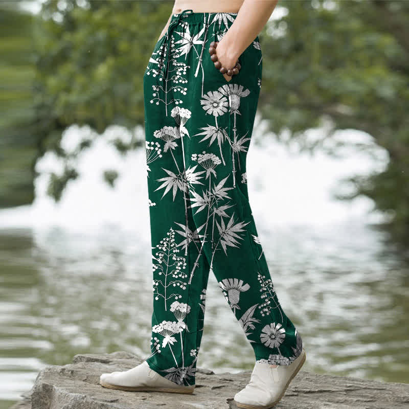 Buddha Stones Pantalones de hombre de algodón con estampado floral de hojas de bambú y corte ajustado, con bolsillos. - image 5