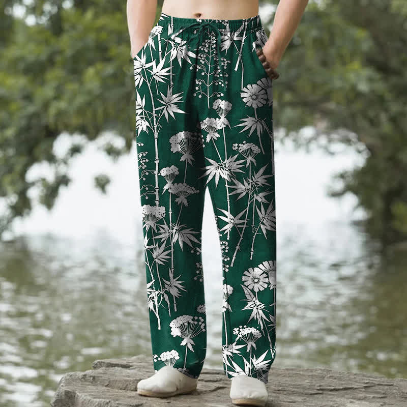 Buddha Stones Pantalones de hombre de algodón con estampado floral de hojas de bambú y corte ajustado, con bolsillos. - Verde bosque - US/UK/AU50, EU60 (5XL) - image 4