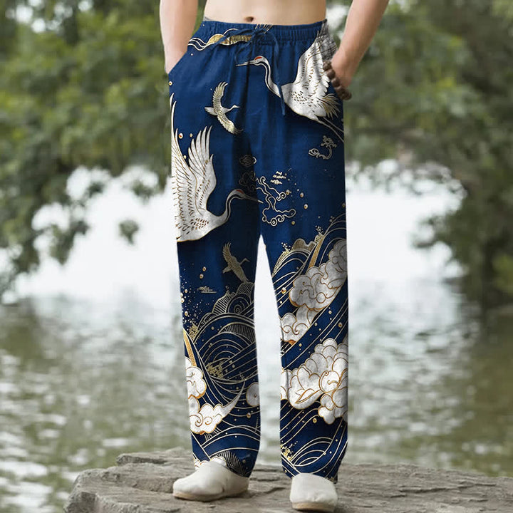 Buddha Stones Pantalones de hombre de algodón blanco con estampado de grullas y olas, corte cónico y bolsillos. - Marina de guerra - US/UK/AU50, EU60 (5XL) - image 6