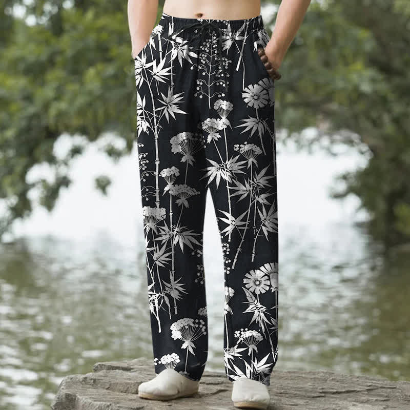Buddha Stones Pantalones de hombre de algodón con estampado floral de hojas de bambú y corte ajustado, con bolsillos. - Negro - US/UK/AU50, EU60 (5XL) - image 6