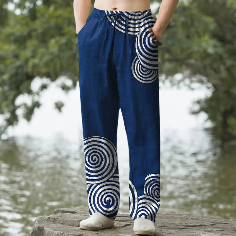 Buddha Stones Pantalones de hombre de algodón puro con estampado de círculos concéntricos, corte cónico y bolsillos. - Marina de guerra - US/UK/AU50, EU60 (5XL) - image 0