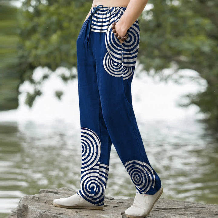 Buddha Stones Pantalones de hombre de algodón puro con estampado de círculos concéntricos, corte cónico y bolsillos. - image 1