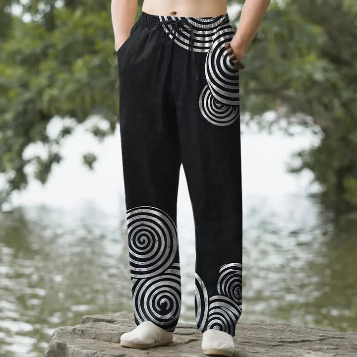 Buddha Stones Pantalones de hombre de algodón puro con estampado de círculos concéntricos, corte cónico y bolsillos. - Negro - US/UK/AU50, EU60 (5XL) - image 4