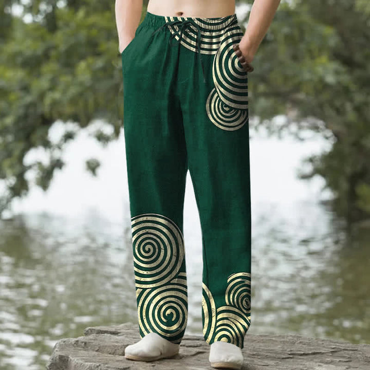 Buddha Stones Pantalones de hombre de algodón puro con estampado de círculos concéntricos, corte cónico y bolsillos. - Verde bosque - US/UK/AU50, EU60 (5XL) - image 6