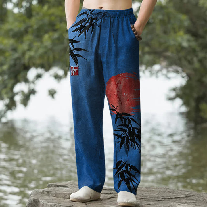 Buddha Stones Pantalones de hombre de algodón con estampado de bambú y sol, corte cónico y bolsillos. - Azul real - US/UK/AU50, EU60 (5XL) - image 6