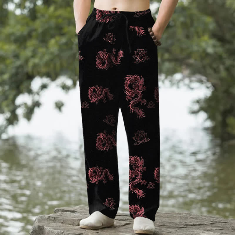 Buddha Stones Pantalones de hombre de algodón con estampado de dragón y loto, corte ajustado y bolsillos. - Tomate - US/UK/AU50, EU60 (5XL) - image 6