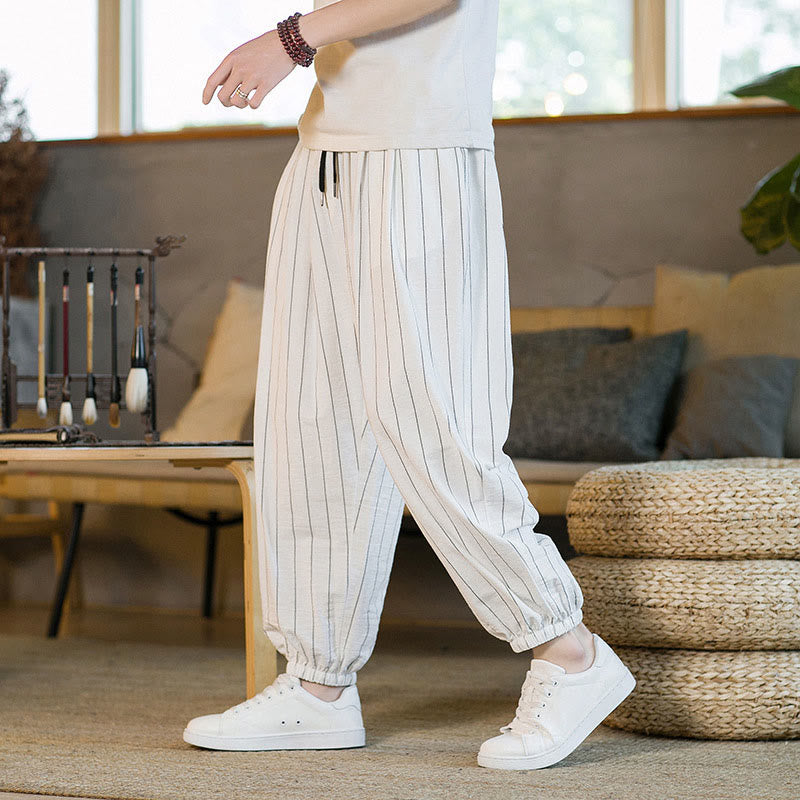 Buddha Stones Pantalones harem de verano informales para hombre, a rayas, con cordón ajustable y bolsillos. - image 43