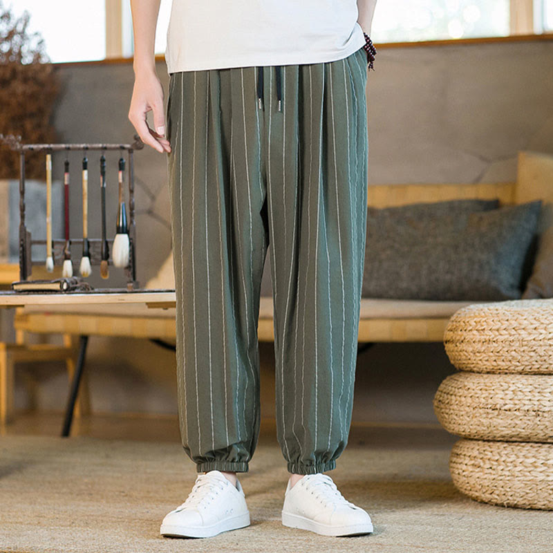 Buddha Stones Pantalones harem de verano informales para hombre, a rayas, con cordón ajustable y bolsillos. - Verde oliva oscuro - US/UK/AU50, EU60 (5XL) - image 32