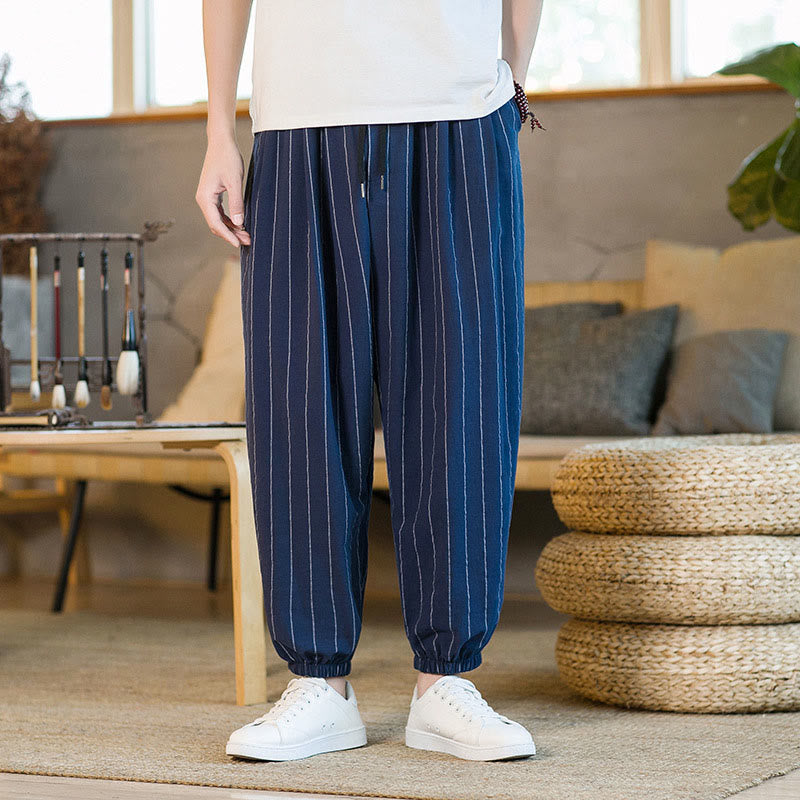 Buddha Stones Pantalones harem de verano informales para hombre, a rayas, con cordón ajustable y bolsillos. - Marina de guerra - US/UK/AU50, EU60 (5XL) - image 19