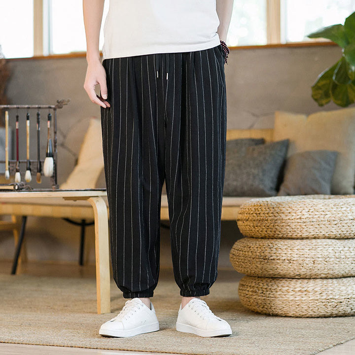Buddha Stones Pantalones harem de verano informales para hombre, a rayas, con cordón ajustable y bolsillos. - Negro - US/UK/AU50, EU60 (5XL) - image 9