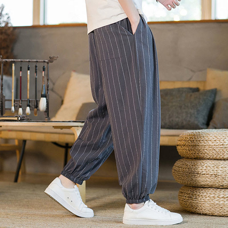 Buddha Stones Pantalones harem de verano informales para hombre, a rayas, con cordón ajustable y bolsillos. - image 2