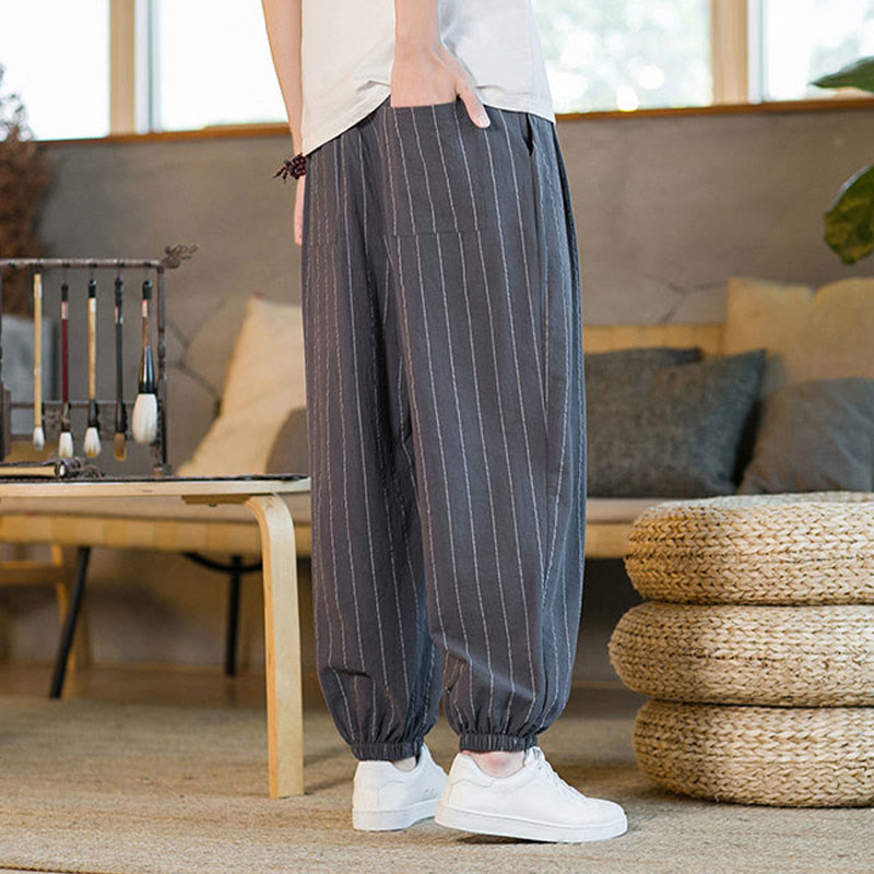 Buddha Stones Pantalones harem de verano informales para hombre, a rayas, con cordón ajustable y bolsillos. - image 3