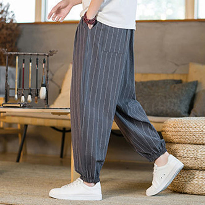 Buddha Stones Pantalones harem de verano informales para hombre, a rayas, con cordón ajustable y bolsillos. - image 5