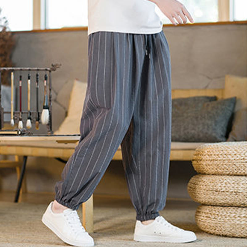Buddha Stones Pantalones harem de verano informales para hombre, a rayas, con cordón ajustable y bolsillos. - image 4