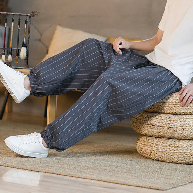 Buddha Stones Pantalones harem de verano informales para hombre, a rayas, con cordón ajustable y bolsillos. - image 8