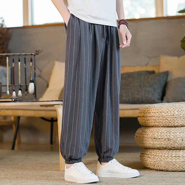 Buddha Stones Pantalones harem de verano informales para hombre, a rayas, con cordón ajustable y bolsillos. - image 6