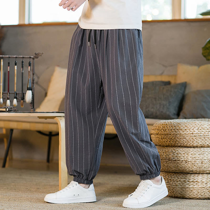Buddha Stones Pantalones harem de verano informales para hombre, a rayas, con cordón ajustable y bolsillos. - image 1