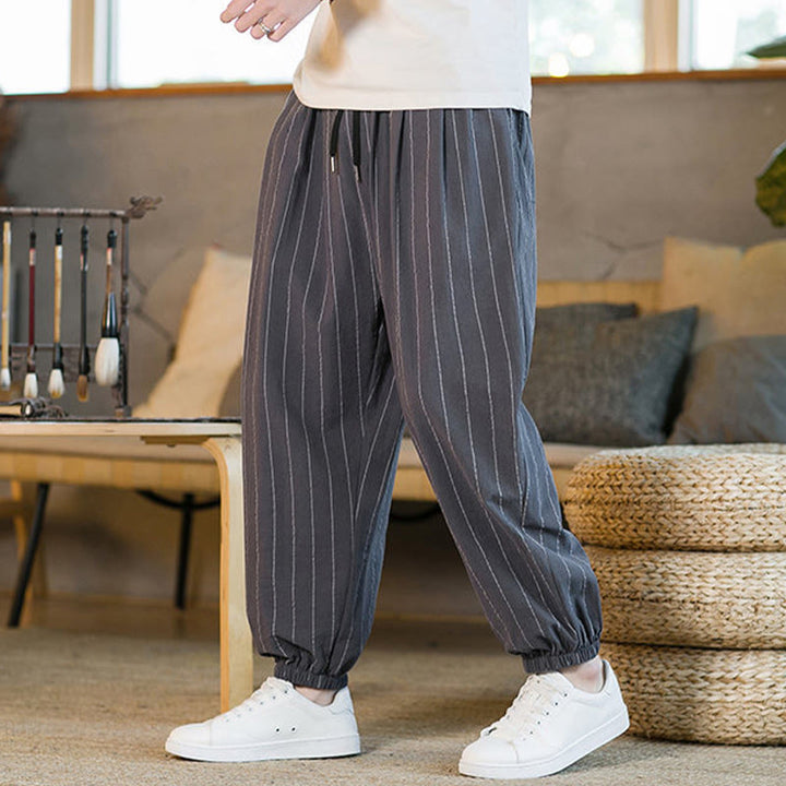 Buddha Stones Pantalones harem de verano informales para hombre, a rayas, con cordón ajustable y bolsillos. - image 1