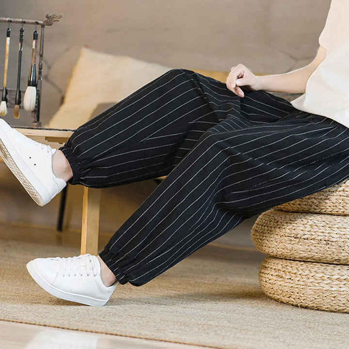 Buddha Stones Pantalones harem de verano informales para hombre, a rayas, con cordón ajustable y bolsillos. - image 18