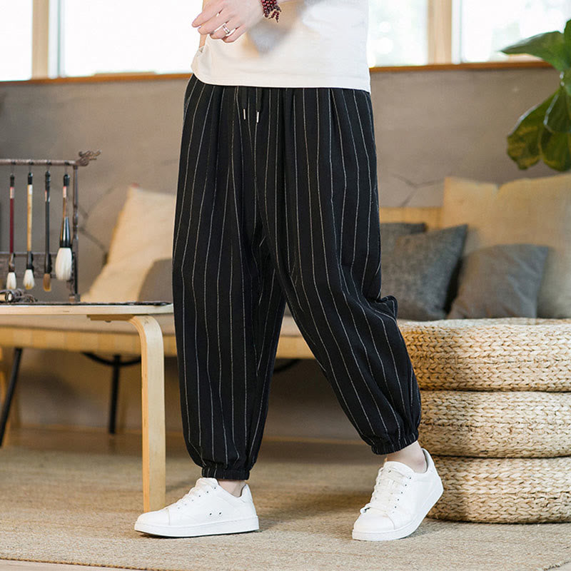 Buddha Stones Pantalones harem de verano informales para hombre, a rayas, con cordón ajustable y bolsillos. - image 10