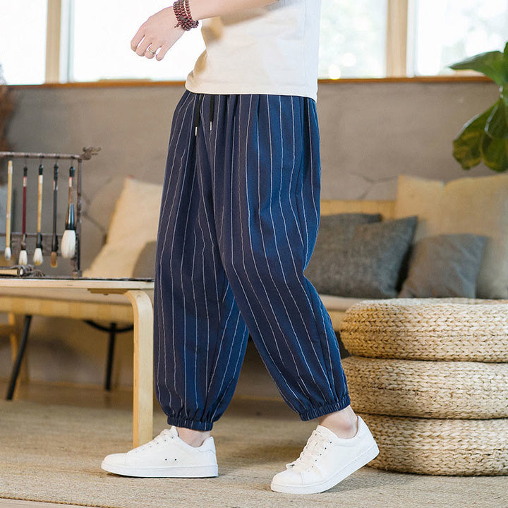 Buddha Stones Pantalones harem de verano informales para hombre, a rayas, con cordón ajustable y bolsillos. - image 20