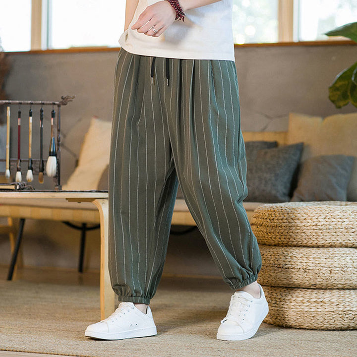 Buddha Stones Pantalones harem de verano informales para hombre, a rayas, con cordón ajustable y bolsillos. - image 33