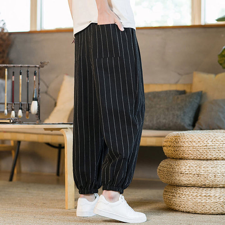 Buddha Stones Pantalones harem de verano informales para hombre, a rayas, con cordón ajustable y bolsillos. - image 12