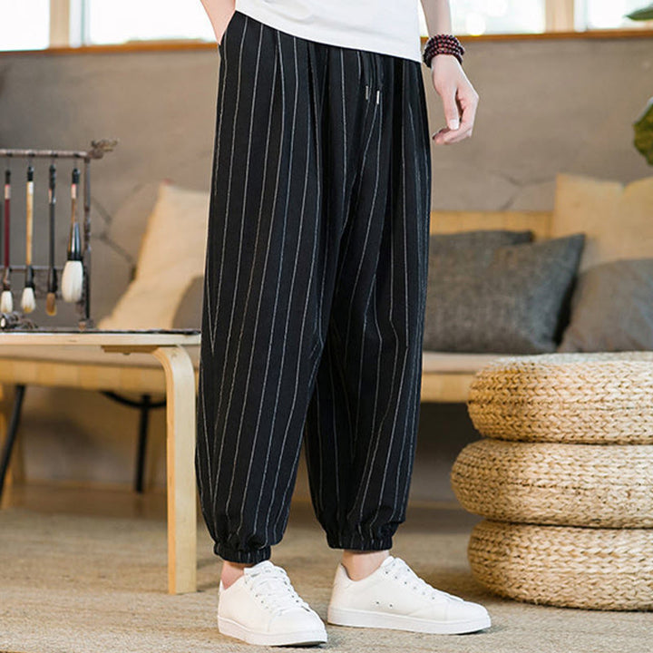 Buddha Stones Pantalones harem de verano informales para hombre, a rayas, con cordón ajustable y bolsillos. - image 13