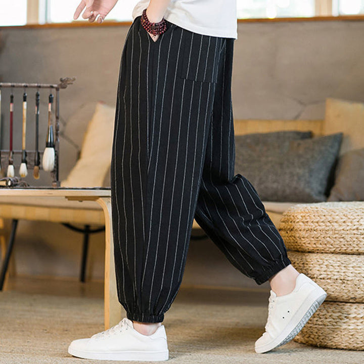 Buddha Stones Pantalones harem de verano informales para hombre, a rayas, con cordón ajustable y bolsillos. - image 14