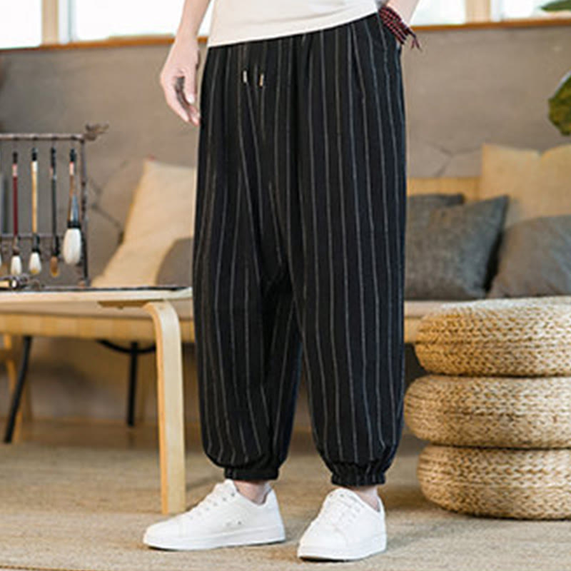 Buddha Stones Pantalones harem de verano informales para hombre, a rayas, con cordón ajustable y bolsillos. - image 15