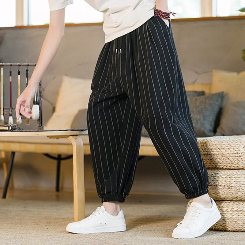 Buddha Stones Pantalones harem de verano informales para hombre, a rayas, con cordón ajustable y bolsillos. - image 16