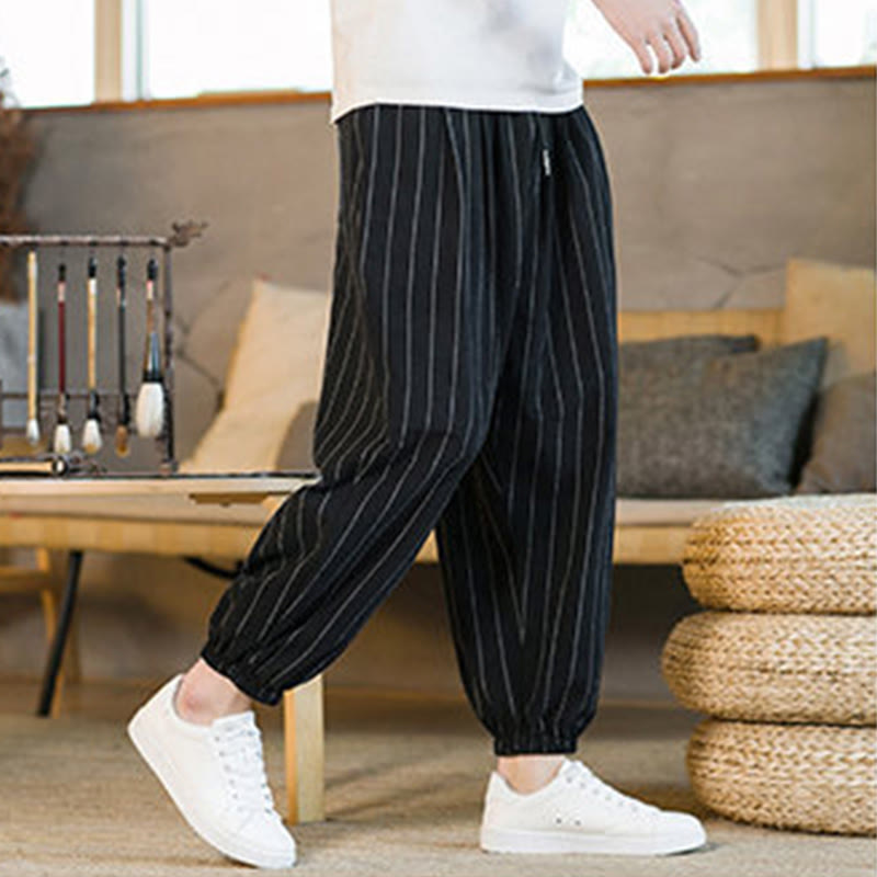 Buddha Stones Pantalones harem de verano informales para hombre, a rayas, con cordón ajustable y bolsillos. - image 17