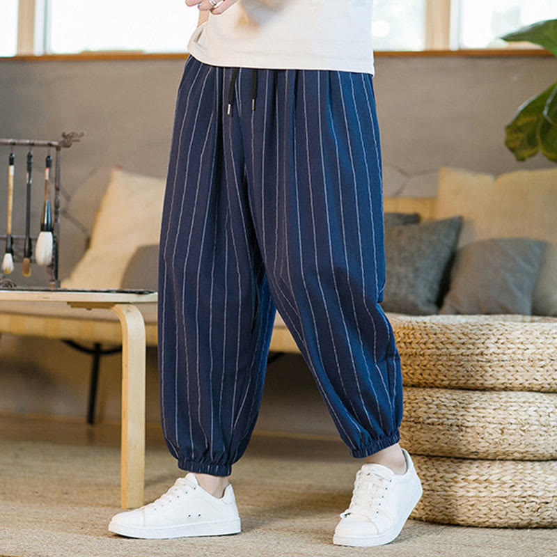 Buddha Stones Pantalones harem de verano informales para hombre, a rayas, con cordón ajustable y bolsillos. - image 21