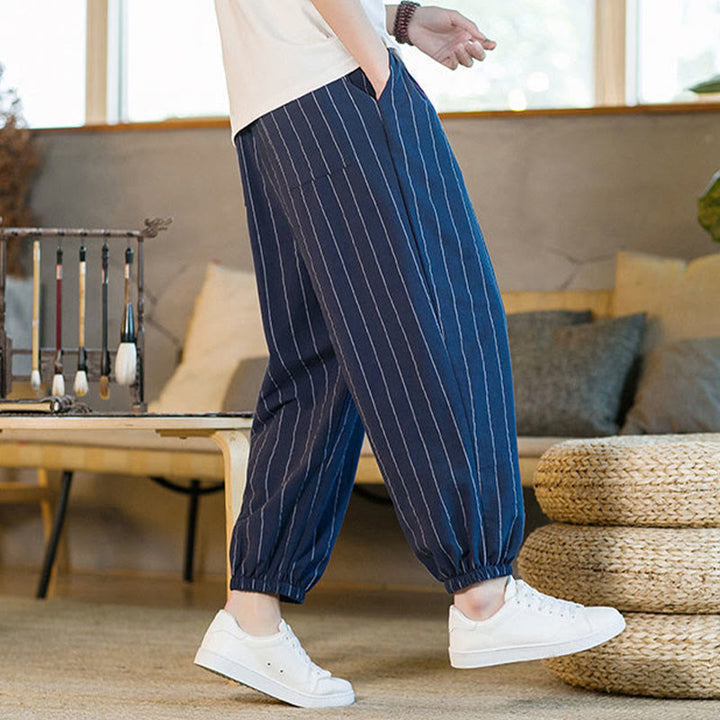 Buddha Stones Pantalones harem de verano informales para hombre, a rayas, con cordón ajustable y bolsillos. - image 22