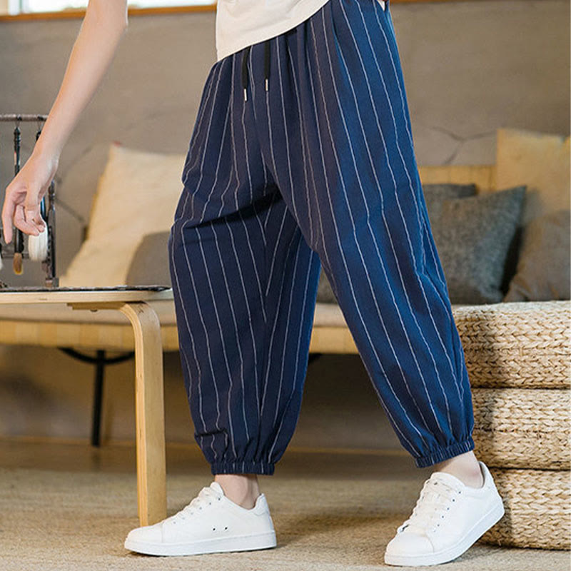 Buddha Stones Pantalones harem de verano informales para hombre, a rayas, con cordón ajustable y bolsillos. - image 24