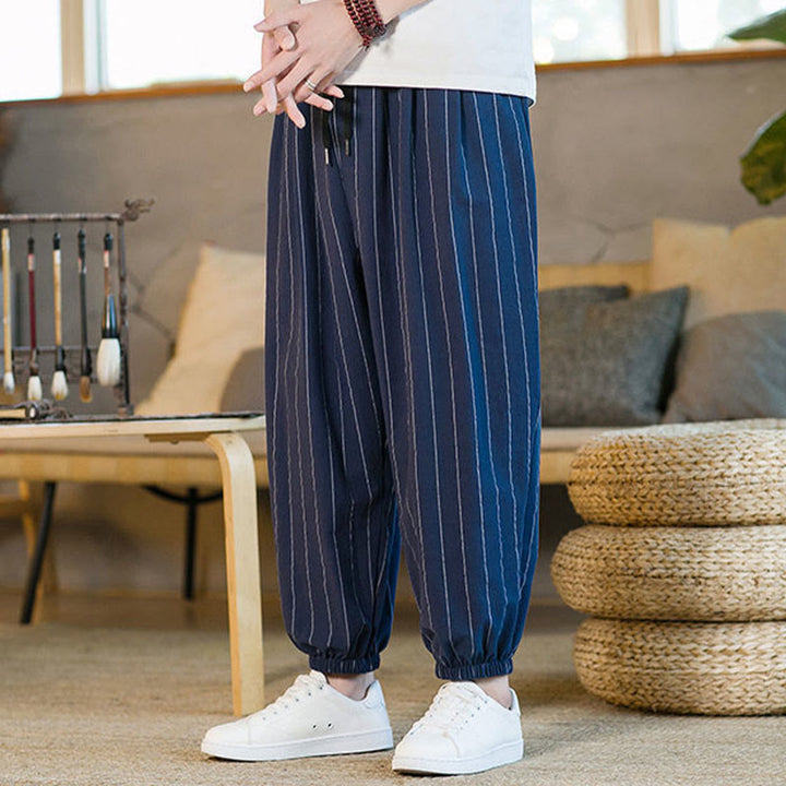 Buddha Stones Pantalones harem de verano informales para hombre, a rayas, con cordón ajustable y bolsillos. - image 25
