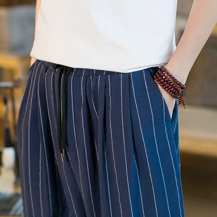 Buddha Stones Pantalones harem de verano informales para hombre, a rayas, con cordón ajustable y bolsillos. - image 28