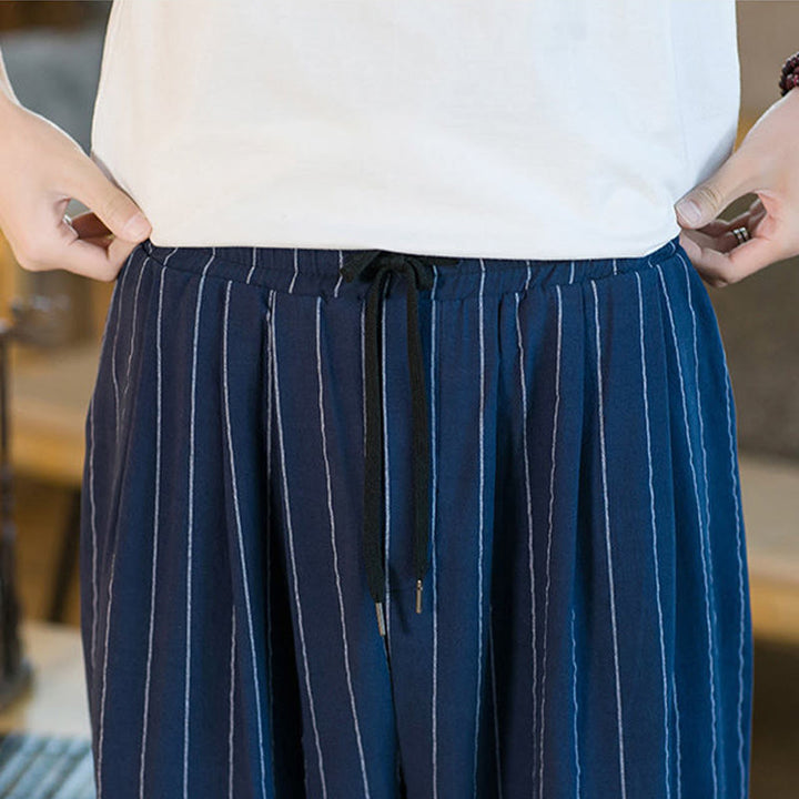Buddha Stones Pantalones harem de verano informales para hombre, a rayas, con cordón ajustable y bolsillos. - image 29