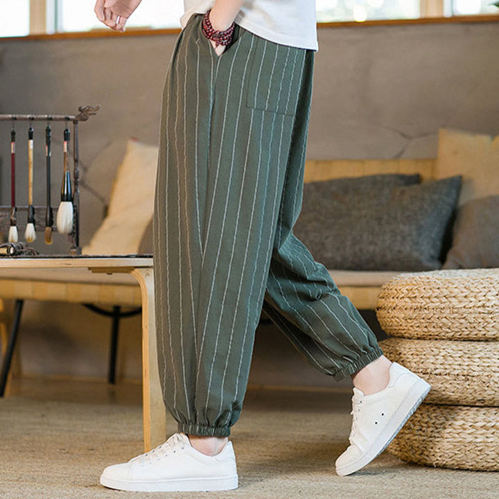 Buddha Stones Pantalones harem de verano informales para hombre, a rayas, con cordón ajustable y bolsillos. - image 36
