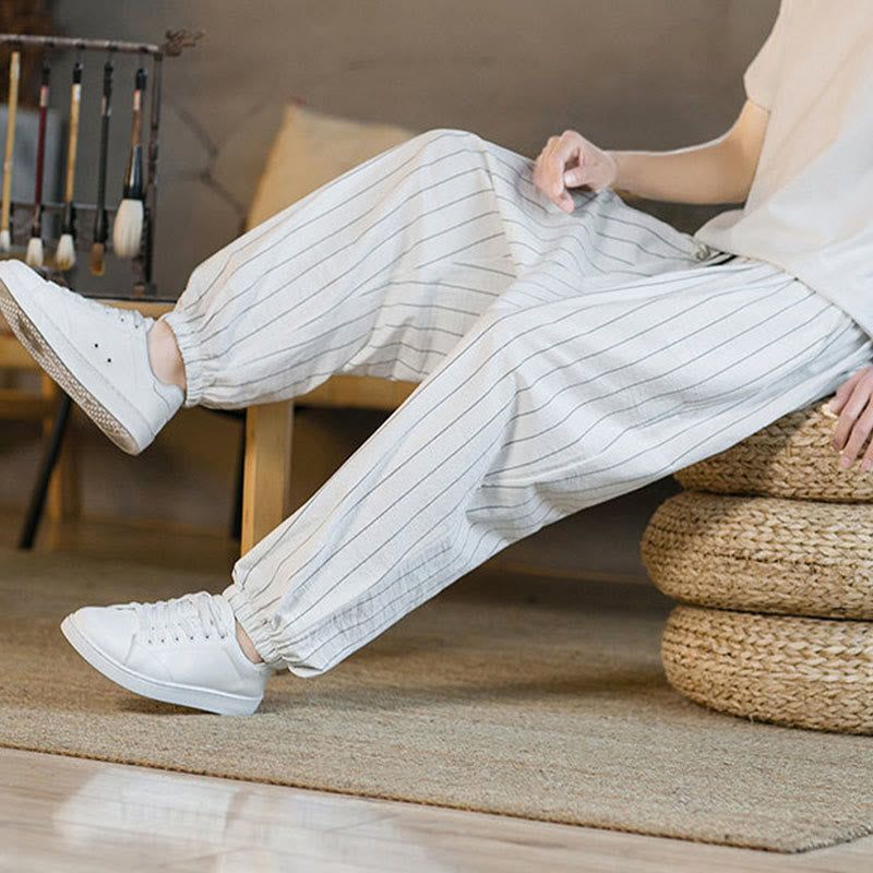 Buddha Stones Pantalones harem de verano informales para hombre, a rayas, con cordón ajustable y bolsillos. - image 50