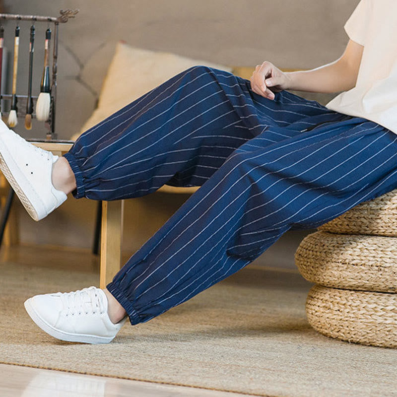 Buddha Stones Pantalones harem de verano informales para hombre, a rayas, con cordón ajustable y bolsillos. - image 27