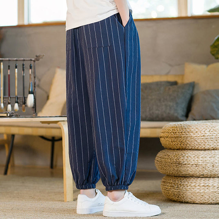 Buddha Stones Pantalones harem de verano informales para hombre, a rayas, con cordón ajustable y bolsillos. - image 23
