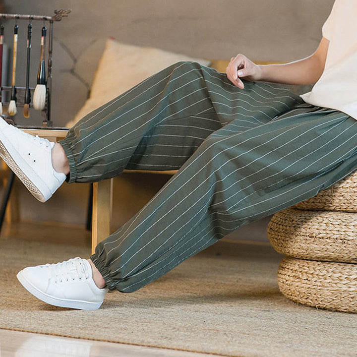Buddha Stones Pantalones harem de verano informales para hombre, a rayas, con cordón ajustable y bolsillos. - image 41