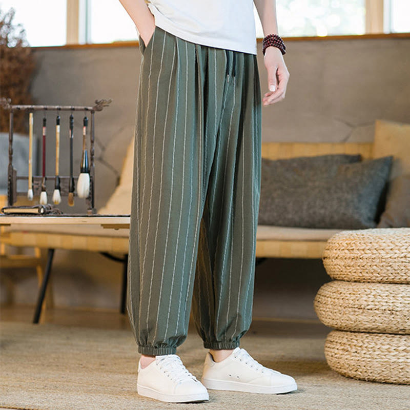 Buddha Stones Pantalones harem de verano informales para hombre, a rayas, con cordón ajustable y bolsillos. - image 38