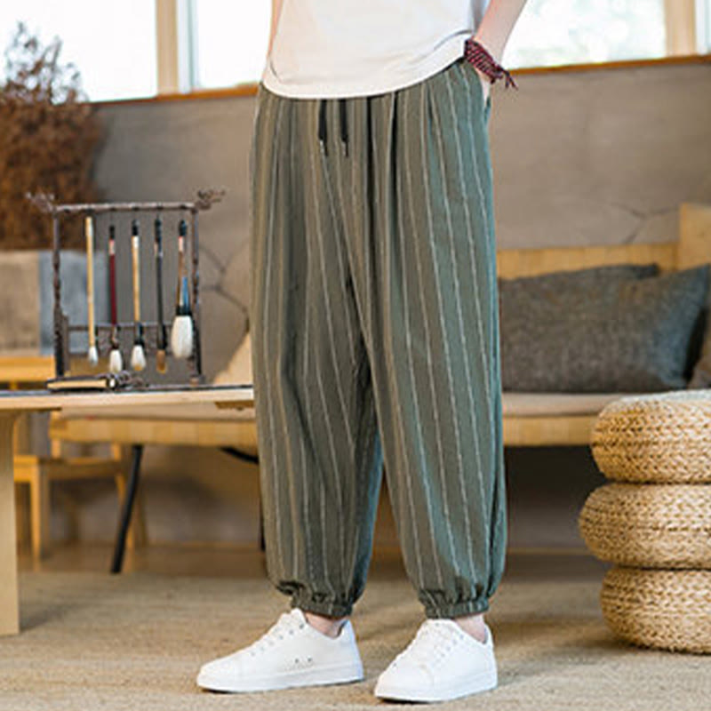 Buddha Stones Pantalones harem de verano informales para hombre, a rayas, con cordón ajustable y bolsillos. - image 37