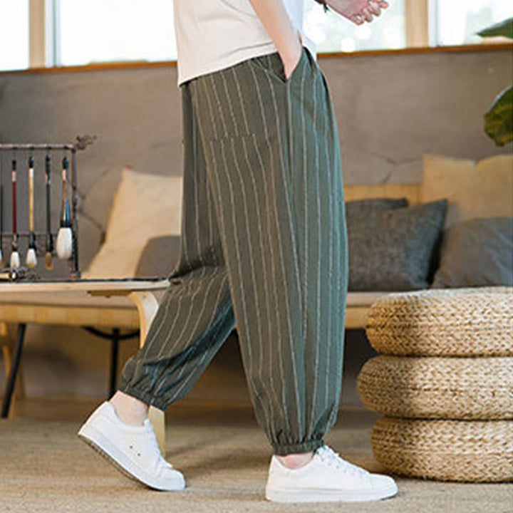 Buddha Stones Pantalones harem de verano informales para hombre, a rayas, con cordón ajustable y bolsillos. - image 40