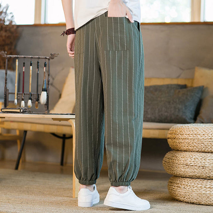 Buddha Stones Pantalones harem de verano informales para hombre, a rayas, con cordón ajustable y bolsillos. - image 35