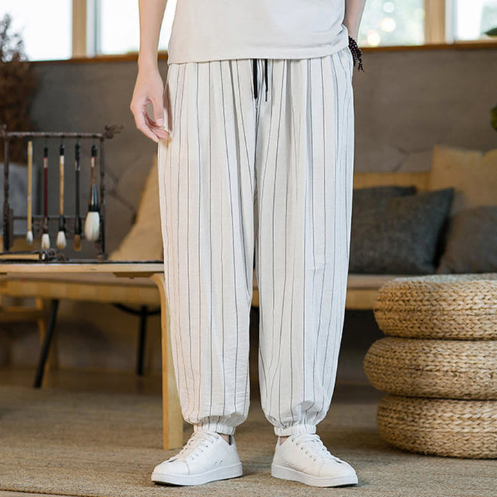 Buddha Stones Pantalones harem de verano informales para hombre, a rayas, con cordón ajustable y bolsillos. - Humo blanco - US/UK/AU50, EU60 (5XL) - image 42