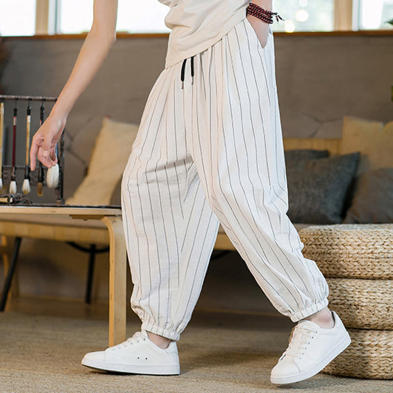 Buddha Stones Pantalones harem de verano informales para hombre, a rayas, con cordón ajustable y bolsillos. - image 46