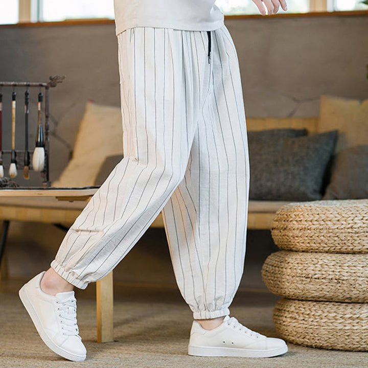 Buddha Stones Pantalones harem de verano informales para hombre, a rayas, con cordón ajustable y bolsillos. - image 49